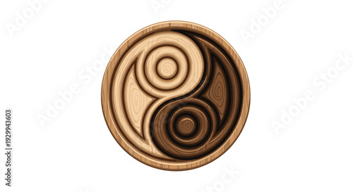 A 3D rendered circular wooden Yin Yang symbol, deeply carved with concentric spirals in light and dark wood tones, is centered on a white background.