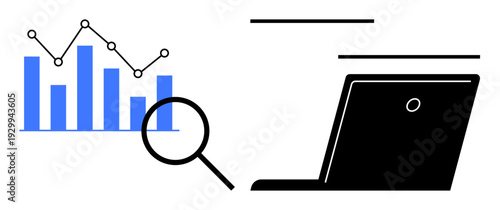 Data analytics, business insights, market research, technology, productivity, digital work. Blue bar graph, magnifying glass black laptop. Data analytics and market research concept