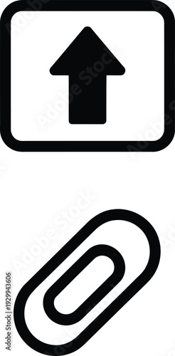 A graphic of an upward arrow and a paperclip, symbolizing attachment and upload. Vector