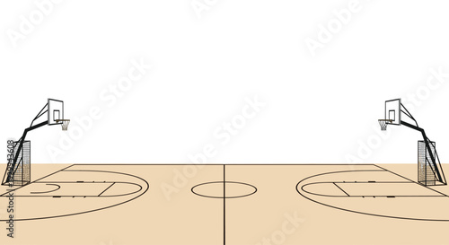A minimalist illustration of a light beige basketball court with white markings and two combined basketball hoops and soccer goals is viewed from court level.