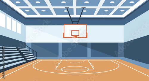 An interior illustration of a basketball arena, viewed from a low angle, displays a light brown court, orange hoop, bleachers, and a blue paneled ceiling.