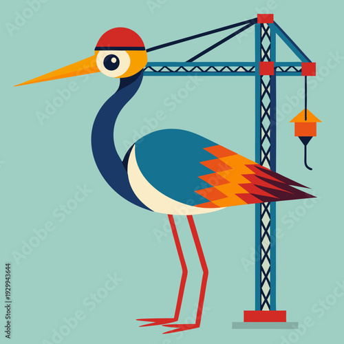 Heron Bird with Long Legs and Beak Standing Vector Illustration