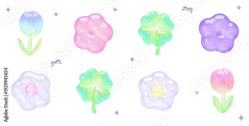 Fotografía Pastel Holographic 3D Jelly Flower and Clover Collection with Transparent Backgr