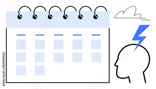 Time management, brainstorming, creativity, scheduling, innovation, productivity. A calendar beside a head with a lightning bolt. Time management and brainstorming concept