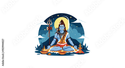 Lord Shiva meditates serenely in a lotus pose at night, surrounded by glowing oil lamps under a crescent moon and starry sky.