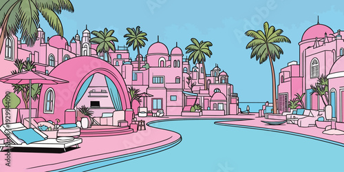 A sunny day shows a scene with pink buildings near a swimming pool. People relax under palm trees by the water.