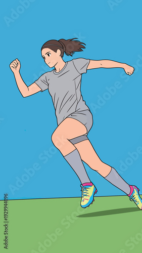 A girl runs swiftly across a green field wearing a gray shirt and colorful soccer shoes during a game.