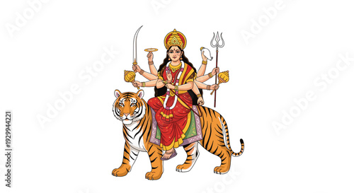 The Hindu goddess Durga, with multiple arms holding weapons, is seated majestically on the back of a powerful striped tiger against a plain white background.
