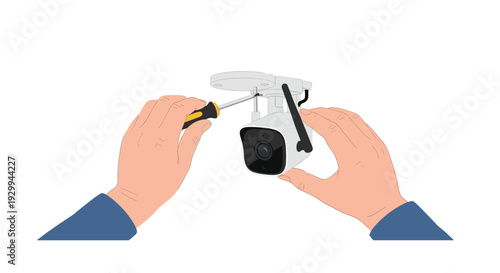 Two bare hands are actively installing a white security camera with a black and yellow screwdriver against a plain white background.