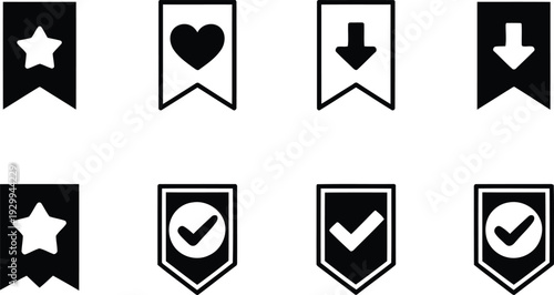 Collection of various black and white icons on different shaped backgrounds Vector