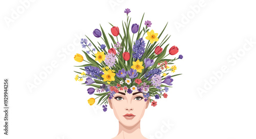 A woman's face looks directly forward, adorned with an expansive and vibrant spring floral headpiece against a clean white background.