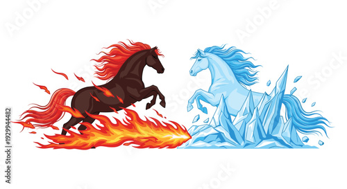 Two powerful rearing horses, one made of fire and the other of ice, dynamically face each other against a stark white background.