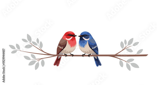 A red bird and a blue bird are perched intimately on a horizontal bare branch adorned with light grey leaves against a clean white background.