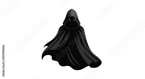 A hooded figure in a dark, flowing cloak faces forward with glowing white eyes visible from under the hood against a plain white background.
