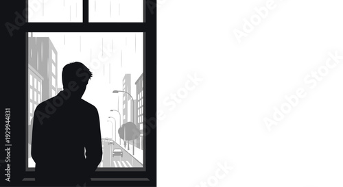 A silhouetted man stands inside a dark room, looking out a window at a rainy monochromatic city street with distant buildings and streetlights.