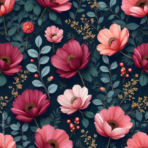 Seamless pattern of blooming flowers and leaves in shades of pink and burgundy on a dark background. Delicate petals and green foliage create an elegant botanical design.
