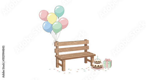 A rustic wooden park bench is adorned with pastel balloons, a two-tier birthday cake, a gift, and confetti on a white background.
