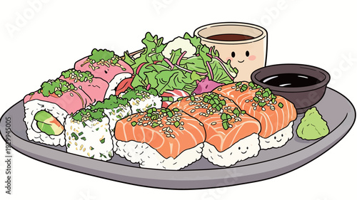 A flat plate holds different sushi rolls and a small side salad. Two types of dipping sauces are served with the meal.