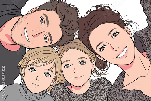 Four people smile and pose for the camera while lying on their backs. They are indoors and seem to be enjoying their time together.