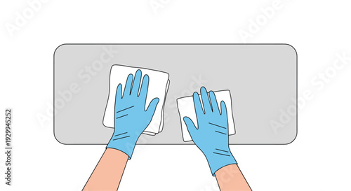 An overhead perspective captures two gloved hands, each holding a white cloth, actively wiping down the surface of a grey rectangular table.