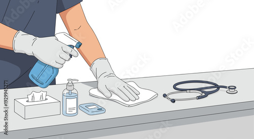 A person wearing grey protective gloves meticulously cleans a grey countertop with a blue spray bottle and a white cloth, surrounded by medical supplies.