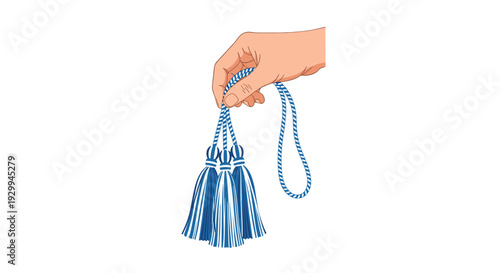 A human hand gently holds a cluster of three vibrant blue tassels connected by a matching blue cord loop against a pristine white background.
