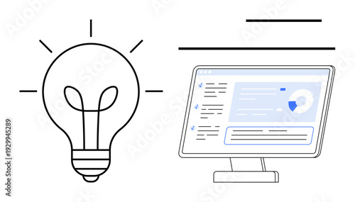 Innovation, data analysis, technology, creativity, business strategy, digital insights. Light bulb ideas next to a computer screen with data. Innovation and data analysis concept
