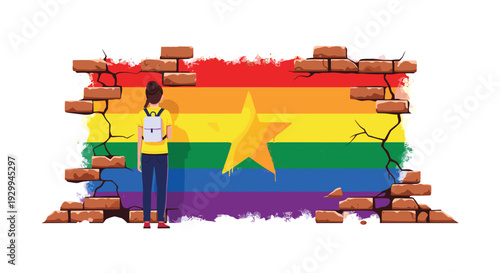 A person with a backpack stands observing a rainbow flag with a yellow star painted on a crumbling brick wall with visible cracks.