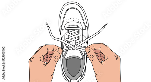 Two hands are shown from a top-down perspective, tying the white shoelaces of a single athletic shoe rendered in line art against a stark white background.