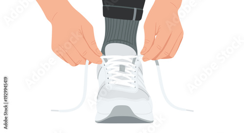 A person's hands are shown from a slightly elevated perspective, tying the white shoelaces on a grey and white athletic sneaker against a plain white background.