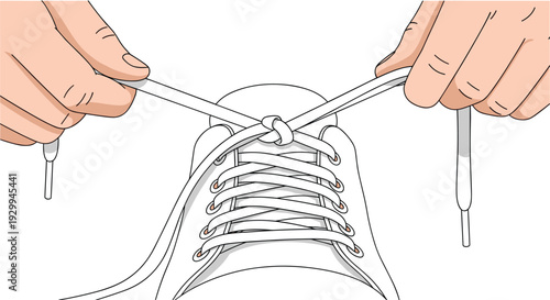 Two light-skinned hands are actively engaged in tying white shoelaces on a white sneaker, viewed from a top-down perspective on a white background.