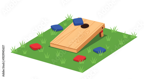 A single light brown wooden cornhole board with red and blue beanbags is positioned on a patch of green grass.