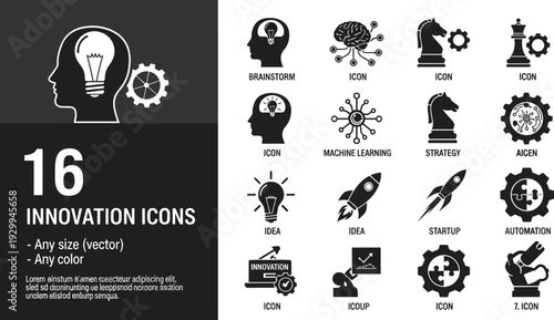 Black vector innovation icons for business startups brainstorming machine learning strategy automation and creative idea development