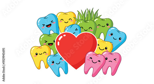 A cheerful cluster of sixteen colorful cartoon teeth characters surrounds a large red heart, with green grass visible, all on a white background.
