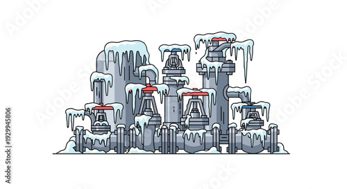 A dense industrial piping system with multiple grey pipes, red and blue valves, and cylindrical tanks is completely covered in snow and icicles on a white background.
