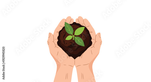 Two cupped hands are tenderly holding a small, green plant with three distinct leaves sprouting from a dark soil mound, presented against a clean white background.