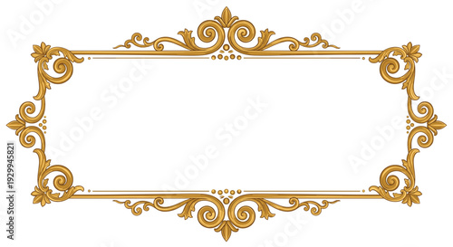 An elegant rectangular gold frame, featuring intricate baroque-style scrolls and delicate beaded details, forms a prominent border against a pristine white background.