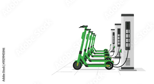 Five bright green electric kick scooters are neatly lined up and actively charging at a series of four white charging stations on a clean white background.