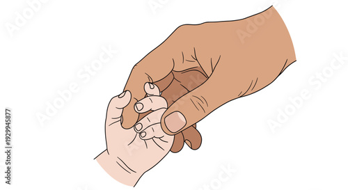 A darker-skinned adult hand firmly grasps a lighter-skinned baby's tiny, curled hand, with fingers interlocked on a white background.