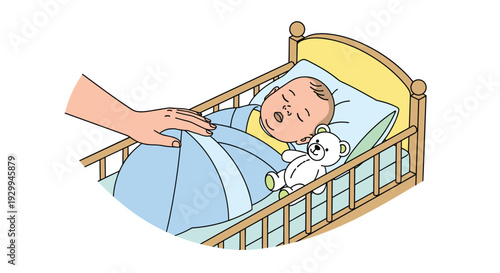 A light-skinned baby sleeps peacefully on its back in a wooden crib, covered by a blue blanket, with an adult hand gently touching its back.