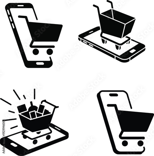 E commerce mobile shopping icons with shopping carts on smartphones