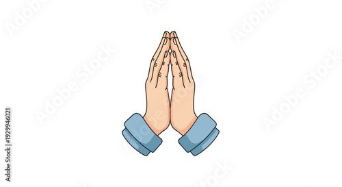 Two light-skinned hands with visible light blue cuffs are pressed together in a vertical prayer gesture on a clean white background.