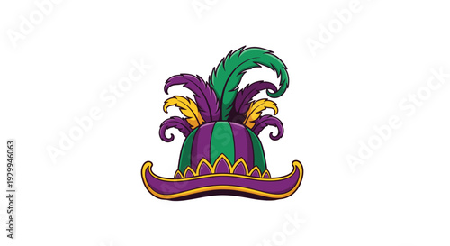 A vibrant jester's hat adorned with purple, green, and yellow feathers and intricate gold trim rests on a white background.