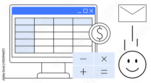 Financial management. A computer screen showing a spreadsheet paired with calculation symbols and monetary icons s efficient financial management. Financial management for budgeting, analytics