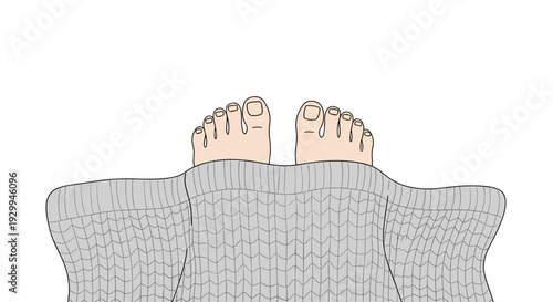 Two bare human feet are visible peeking out from under a textured grey knitted blanket on a white background.
