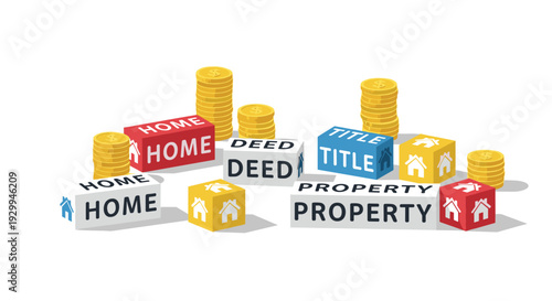 Colored blocks spell HOME, DEED, TITLE, and PROPERTY amidst house icons and stacks of gold coins.