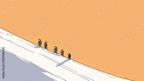 Climbers make their way up a snowy hill as the sun sets and paints the sky orange. They carry equipment and support each other.