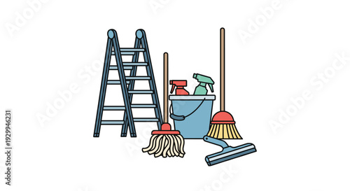 A blue step ladder stands beside a bucket with spray bottles, a yellow mop, broom, and a blue window squeegee.