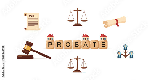 Wooden blocks spell PROBATE surrounded by a will, scales, scroll, gavel, houses, and a family tree diagram.