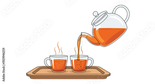 A clear glass teapot with a white handle is actively pouring steaming orange tea into two clear glass teacups on a brown wooden serving tray against a white background.
